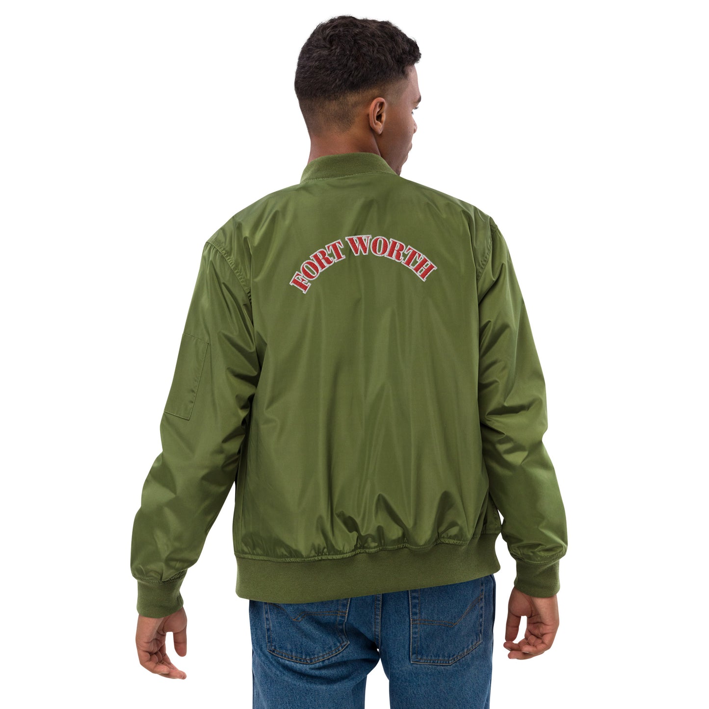 817 Red font WHT outline Premium recycled bomber jacket