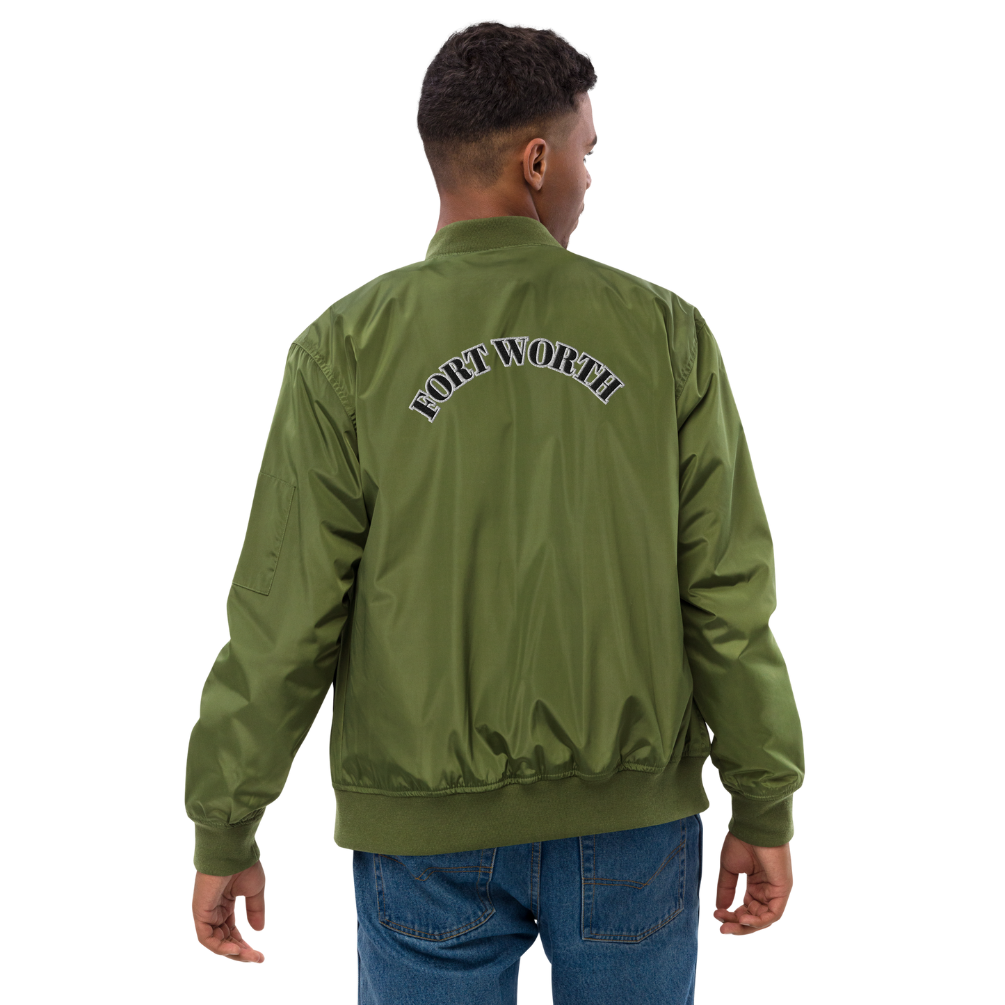 817 BLK font WHT outline Premium recycled bomber jacket