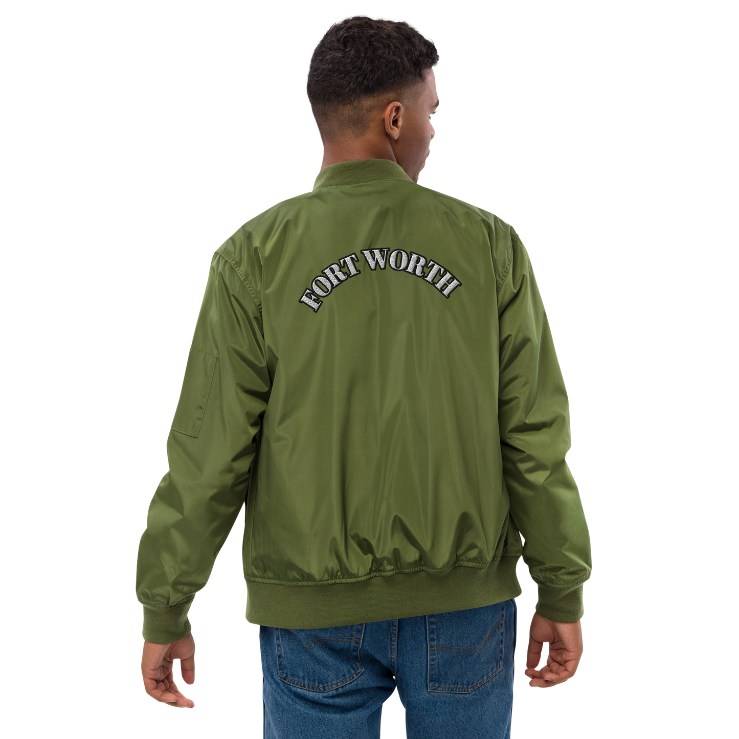 817 WHT font BLK outline Premium recycled bomber jacket