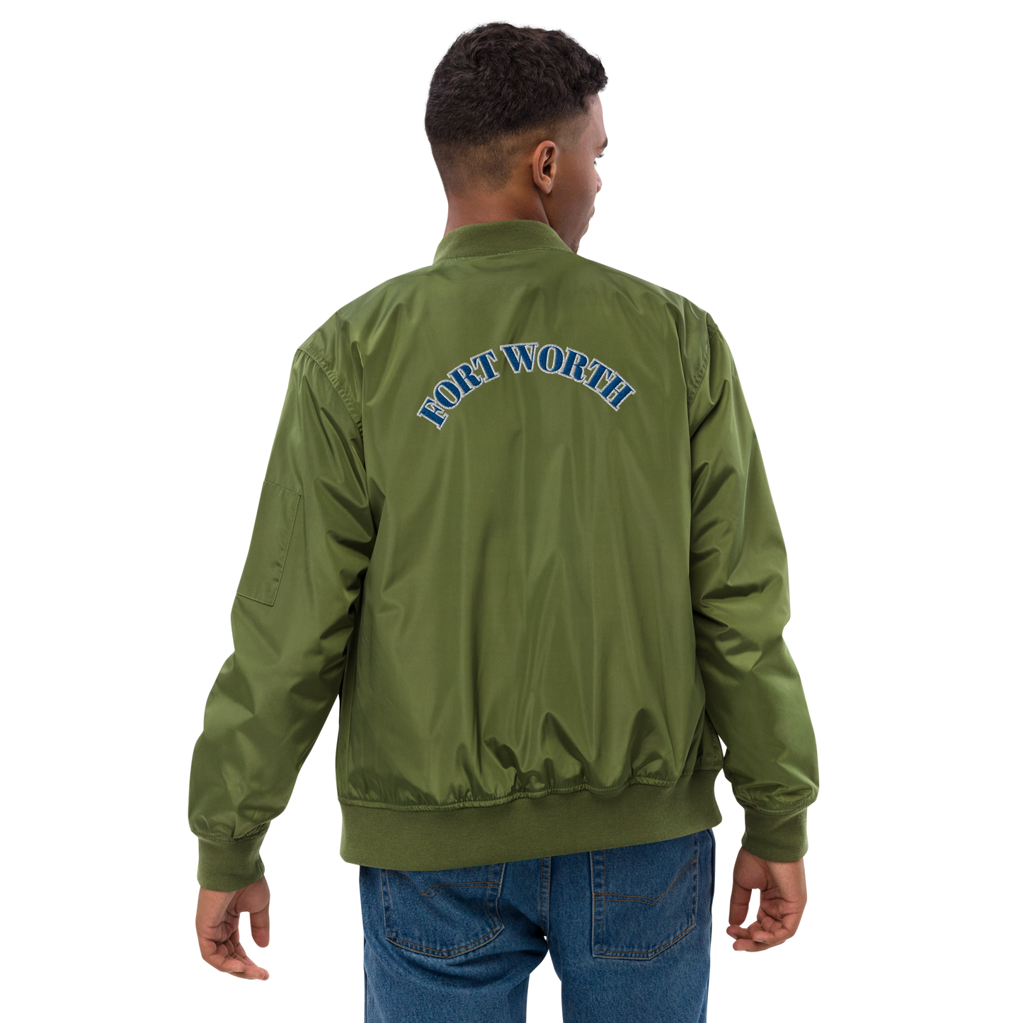 817 BLU font WHT outline Premium recycled bomber jacket