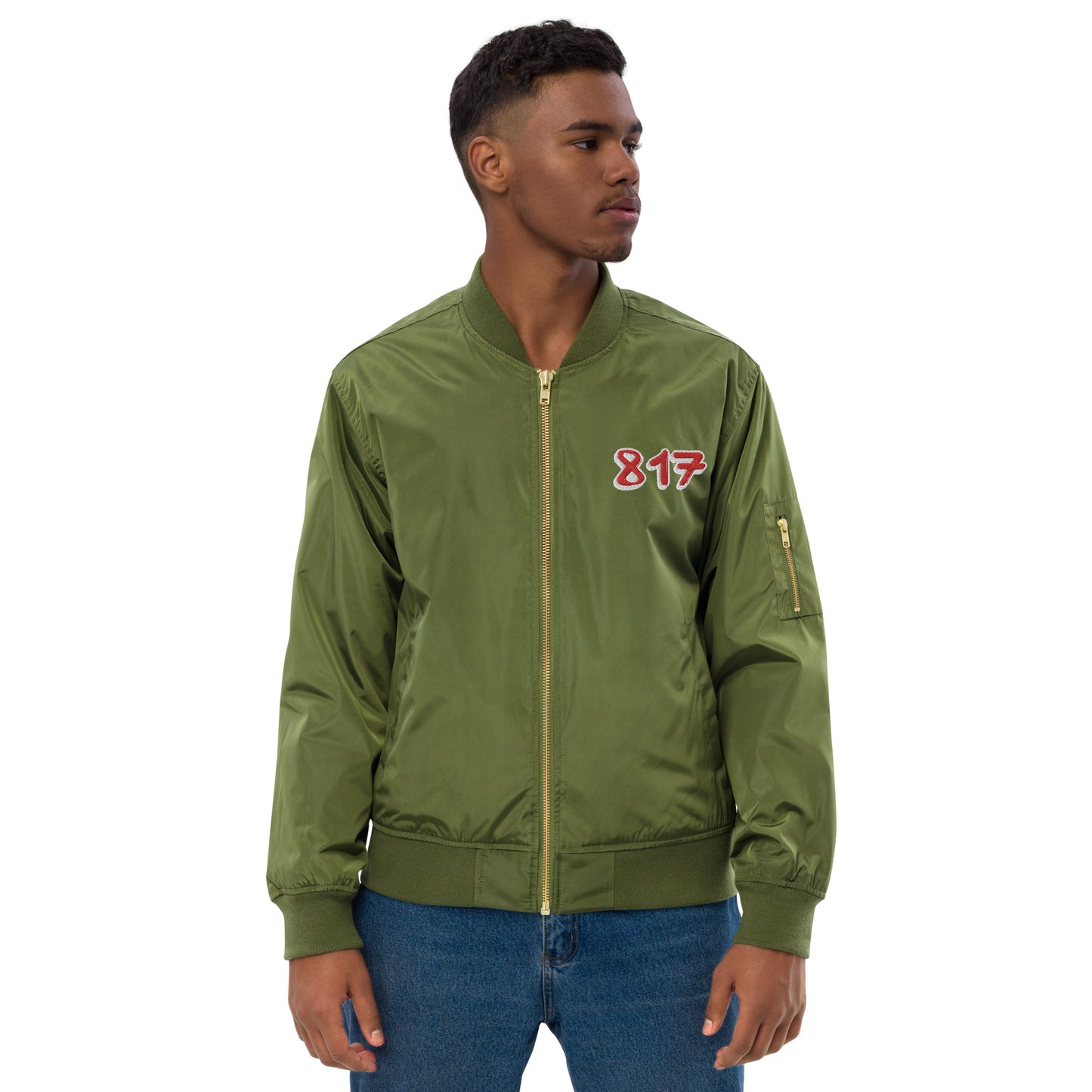 817 Red font WHT outline Premium recycled bomber jacket