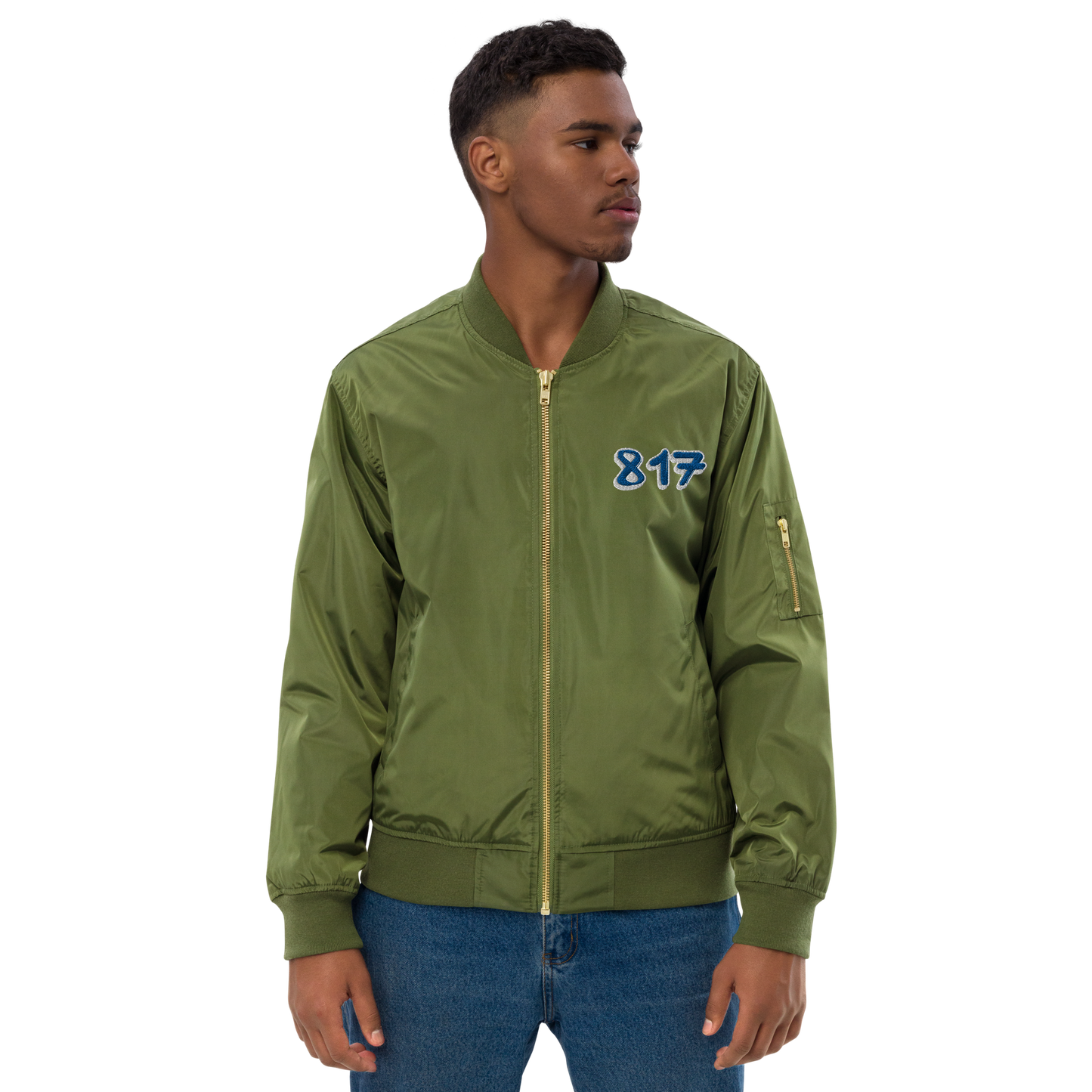 817 BLU font WHT outline Premium recycled bomber jacket