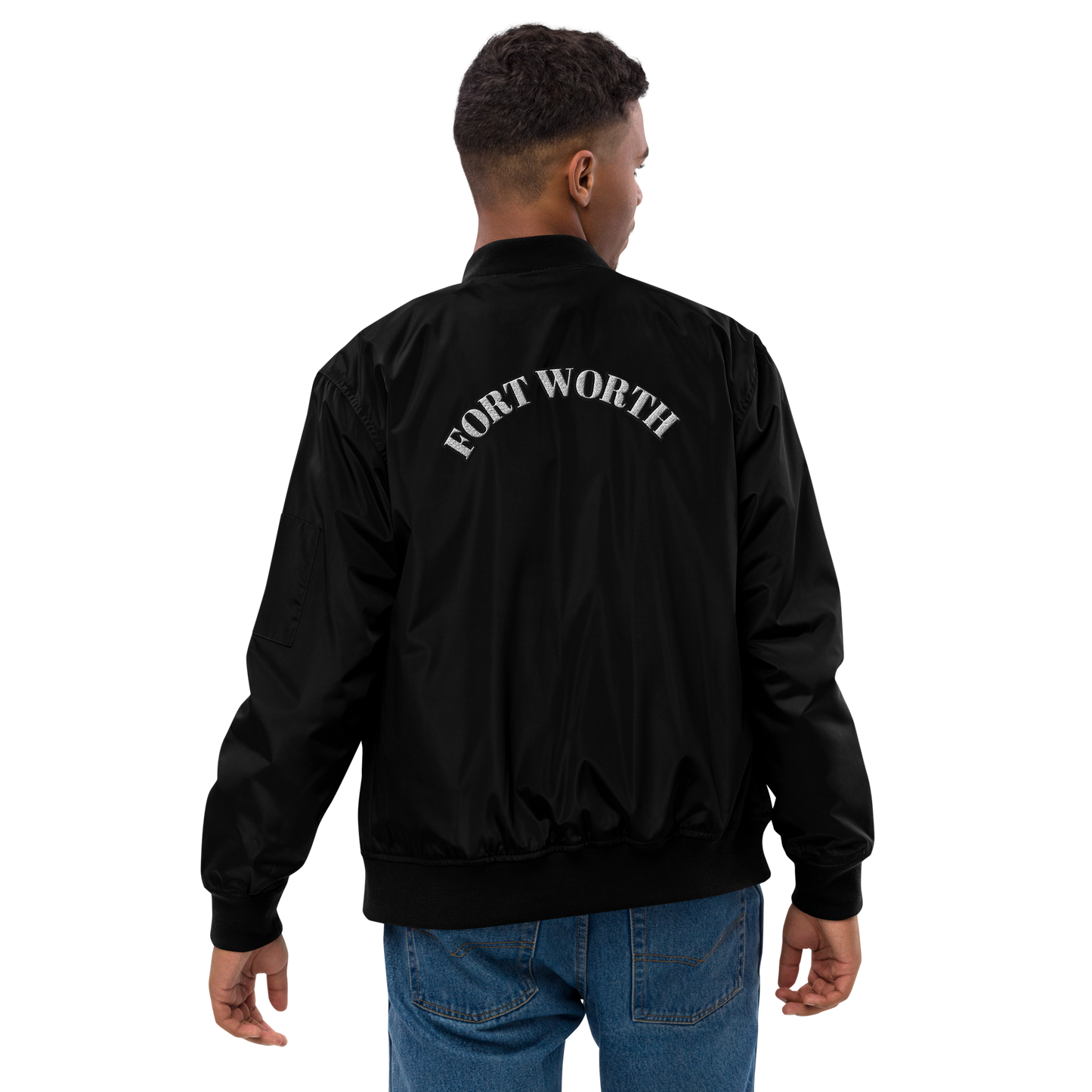 817 WHT font BLK outline Premium recycled bomber jacket