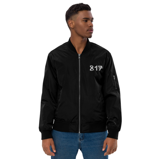 817 WHT font BLK outline Premium recycled bomber jacket