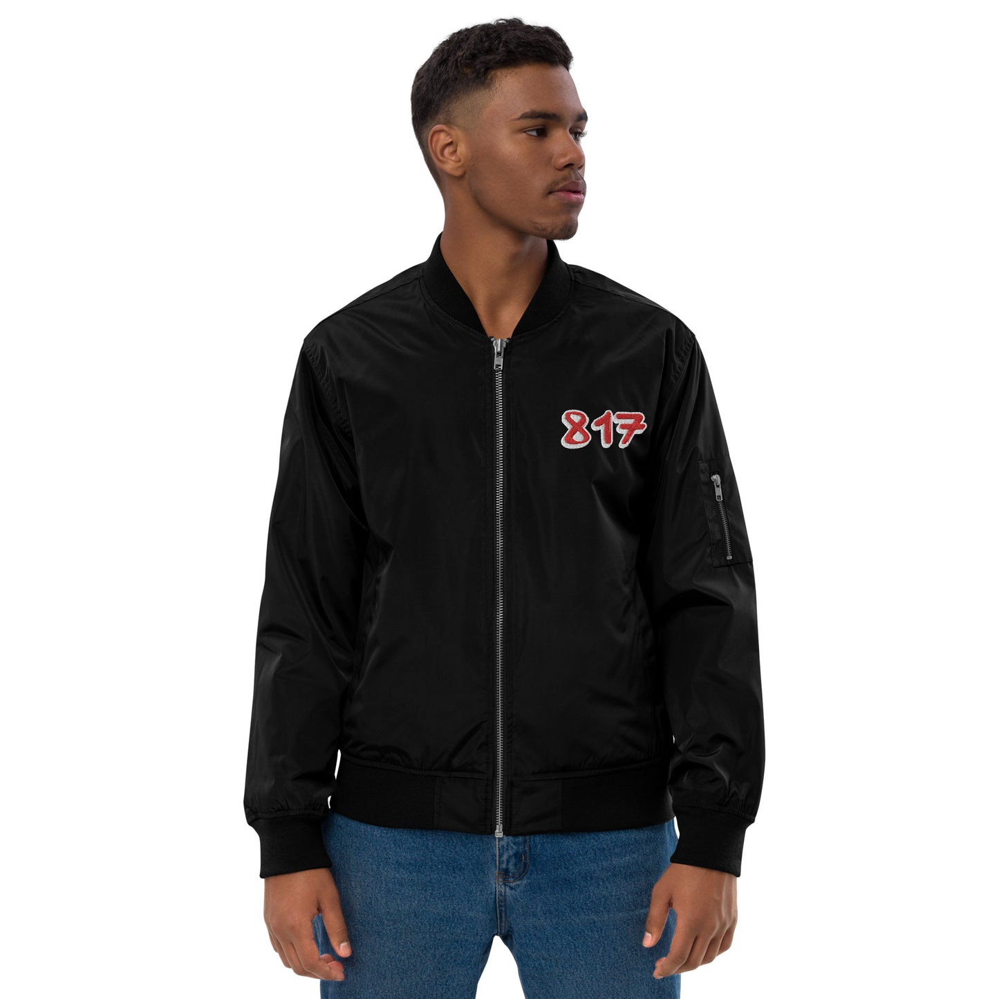 817 Red font WHT outline Premium recycled bomber jacket