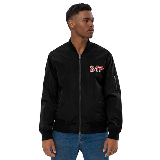 817 Red font WHT outline Premium recycled bomber jacket